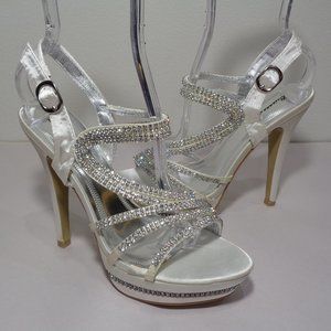 Brianna Leigh Size 8 M SARAH White Satin Rhinestones Sandals New Women's Shoes